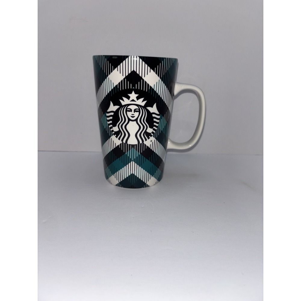 Starbucks 2015 Teal/White Tartan Plaid Tall 16oz Mermaid Coffee Mug